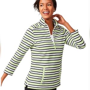 Talbots Green and Black Striped Pullover W Quarter-zip Pullover (Size:Large)